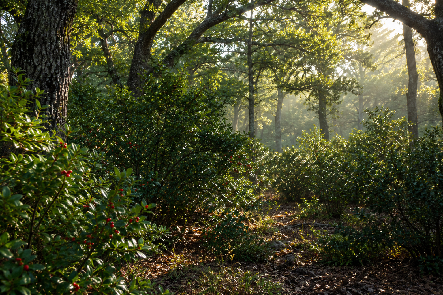Sunlight filtering through a green woodland understory