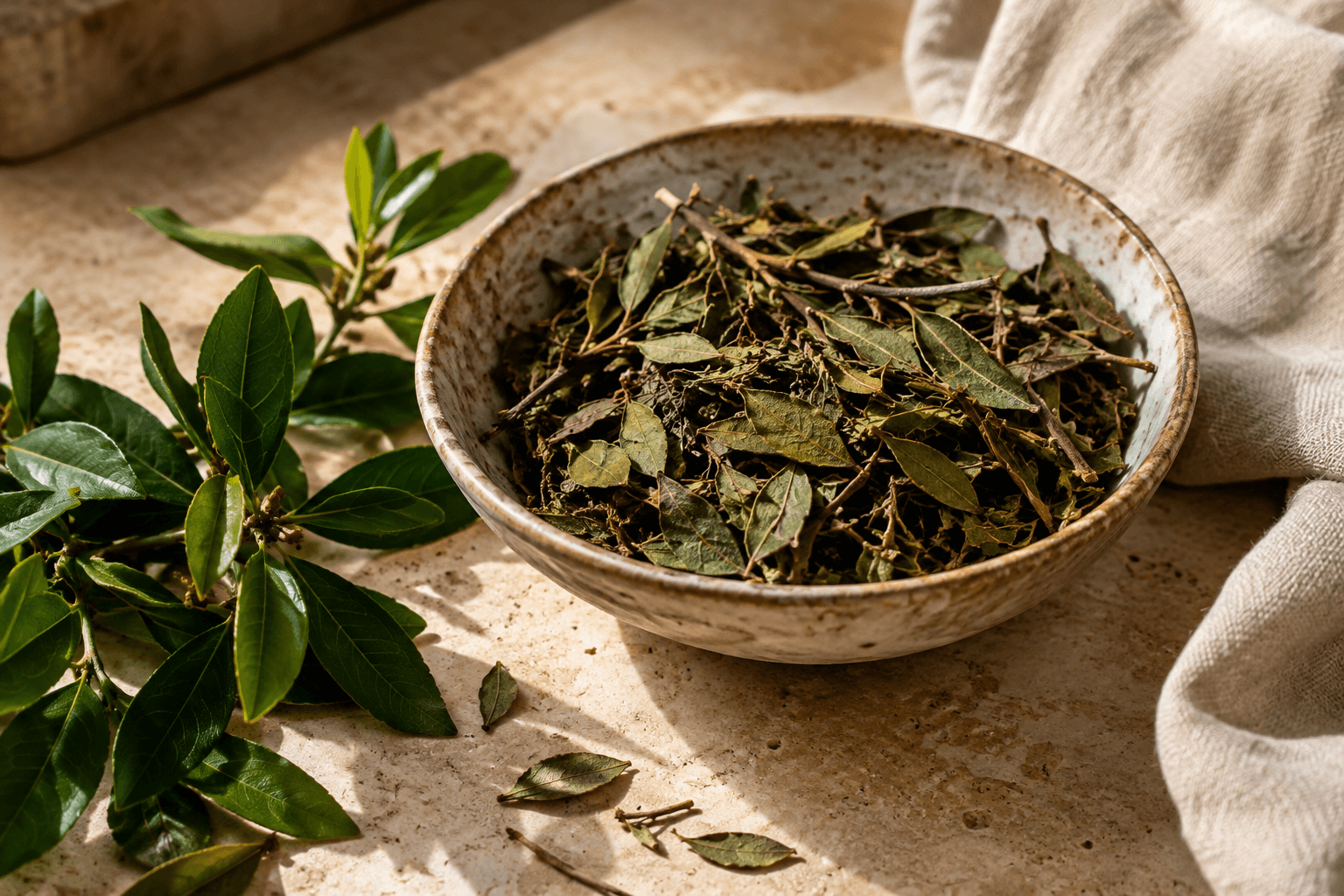 Dried botanical leaves in a ceramic bowl